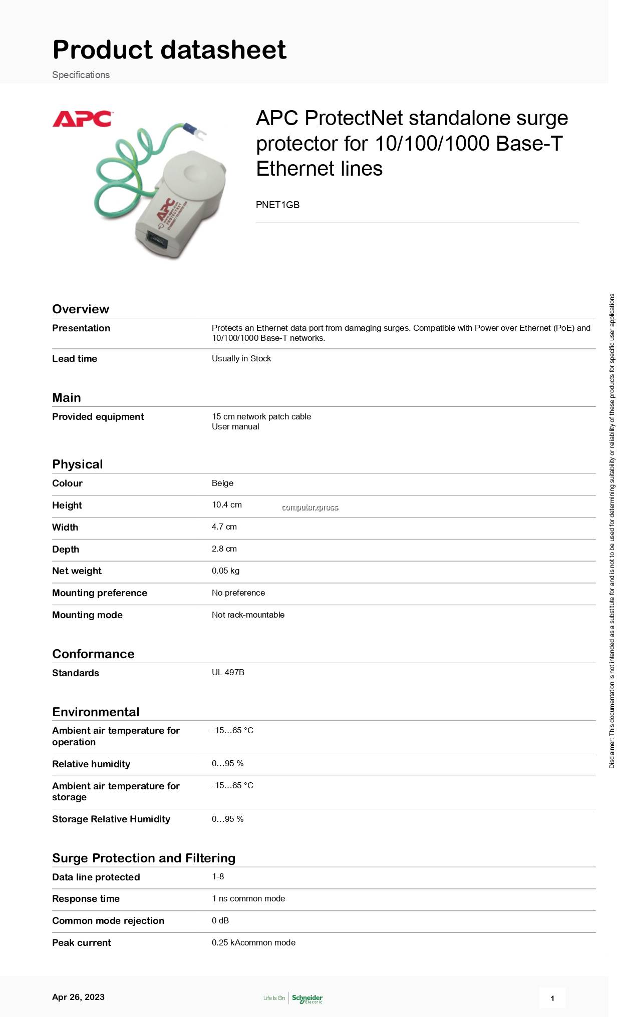 APC ProtectNet standalone surge protector for 10/100/1000 Base-T ...